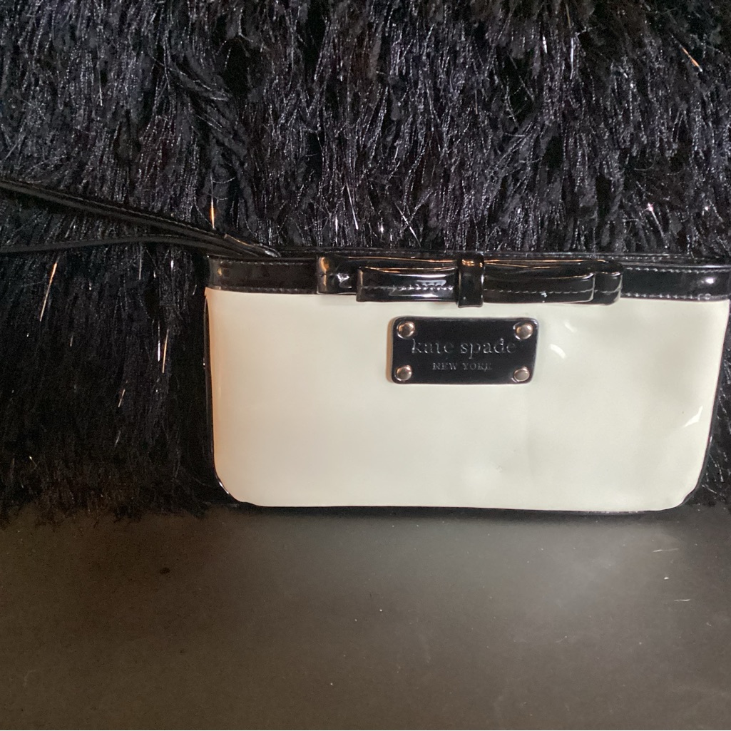 Kate Spade Black And White Patent Leather Wristlet With Polka Dot Lining